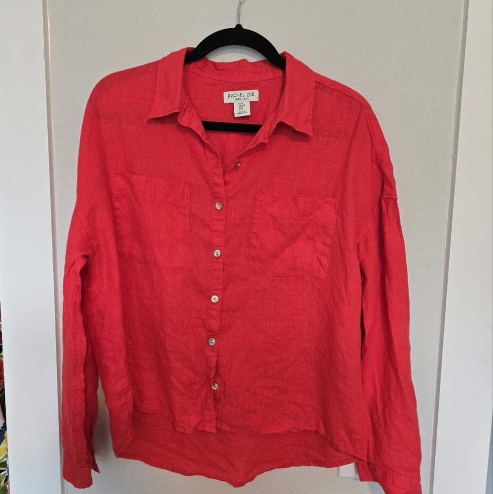 Rachel Zoe Linen Coral Button Down Shirt Size Medium